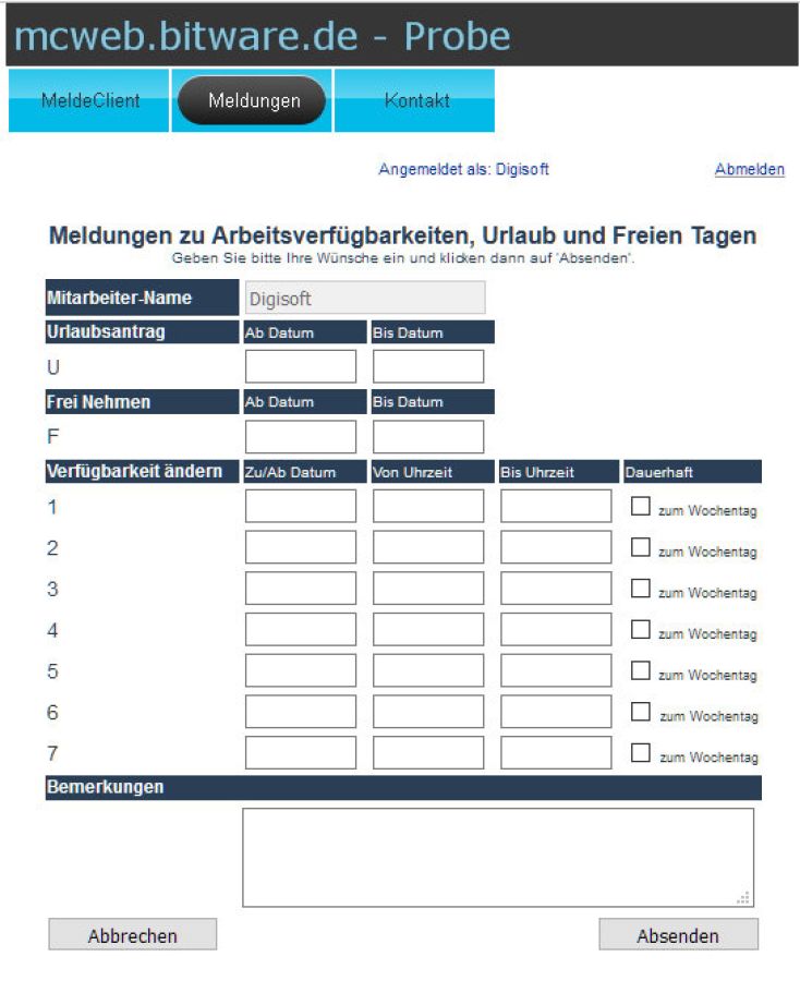WebClient Meldeformular